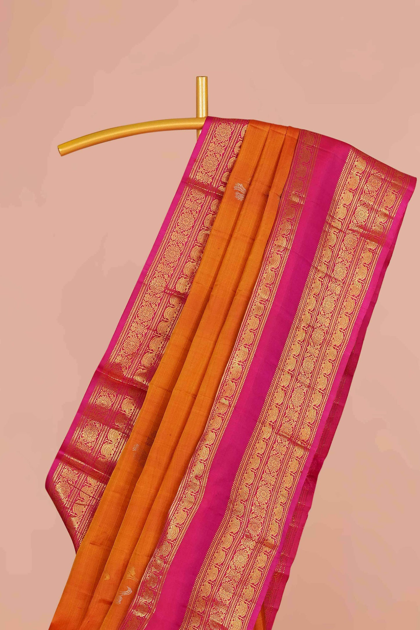 Traditional Orange Kanchipuram Pure Silk Saree with Contrast Pink Zari Border and Golden Motifs