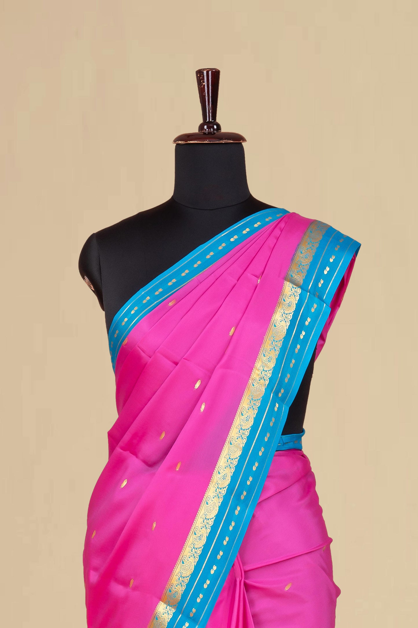Pure Mysore Silk Saree in Rani Pink with Contrast Blue Zari Border, Body Buttas & Rich Blue Pallu
