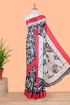 Black floral design kalamkari print south cotton saree with contrast border and matching blouse