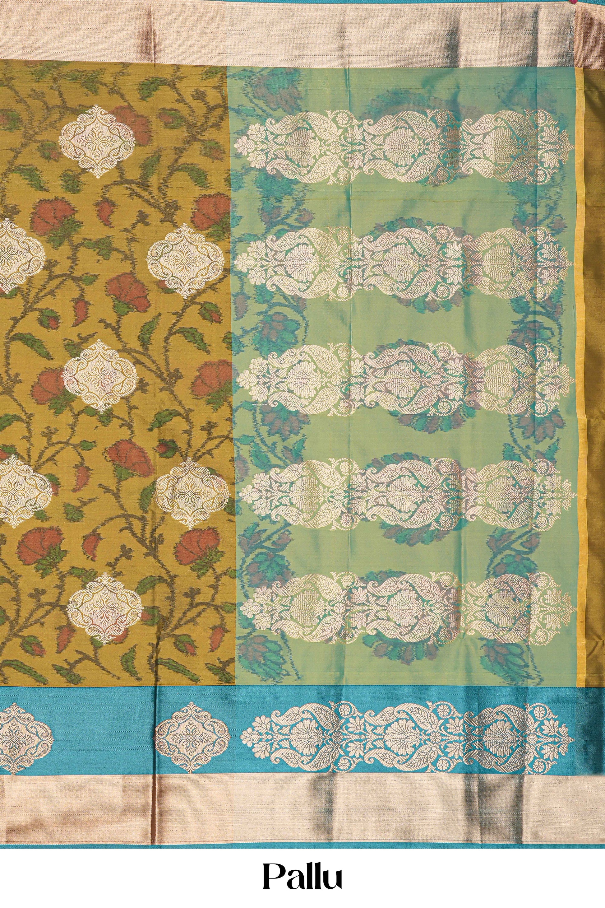 Saree with floral and geometric patterns in green, yellow, and blue