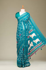 Rama Green Dola Silk Saree Jaali Design ,Pink Lotus Motifs Across The Body With Gold Zari Bentex Border Pichwai Design Pallu Along With Blouse
