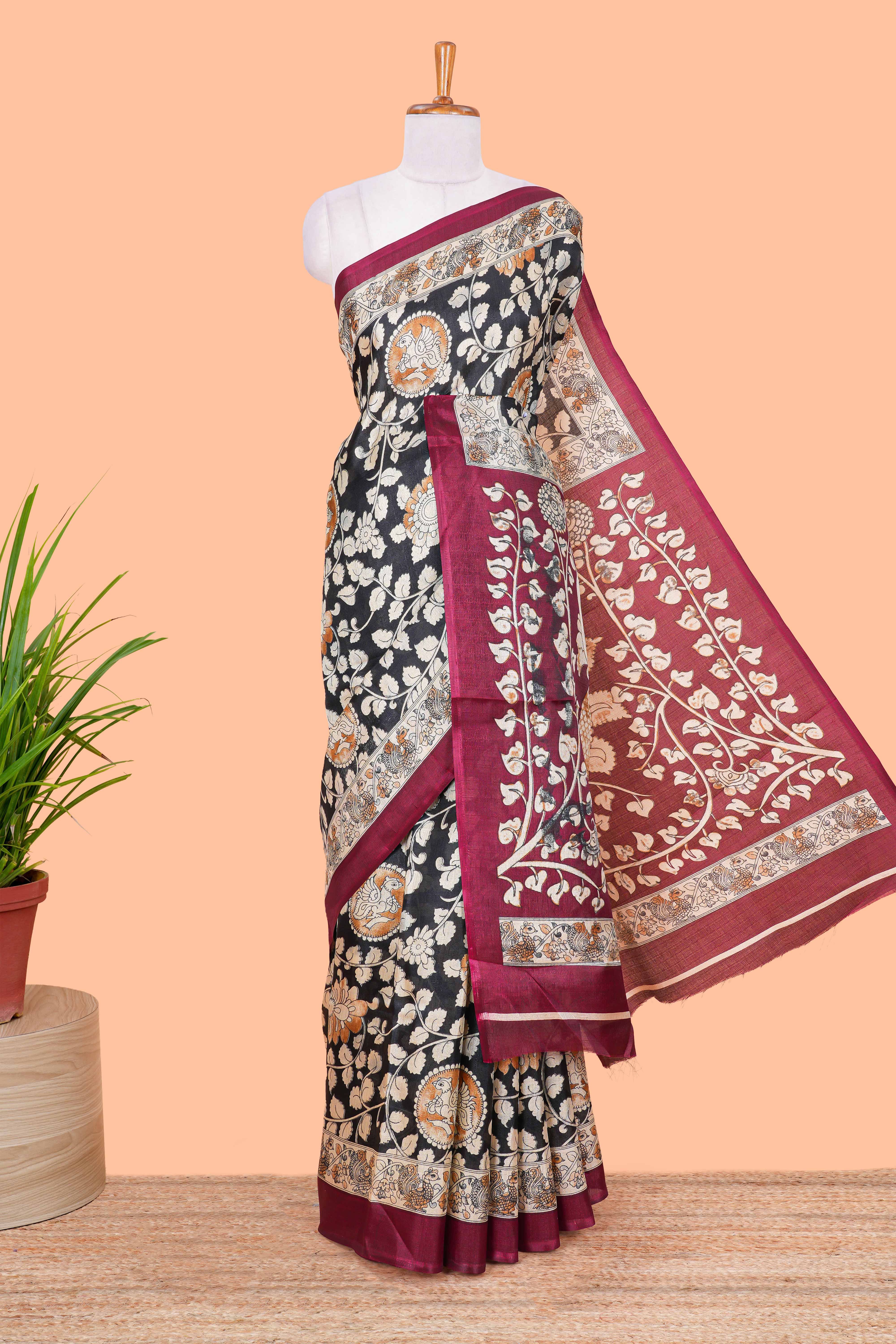 Black floral vine kalamkari style south cotton saree with contrast border and blouse
