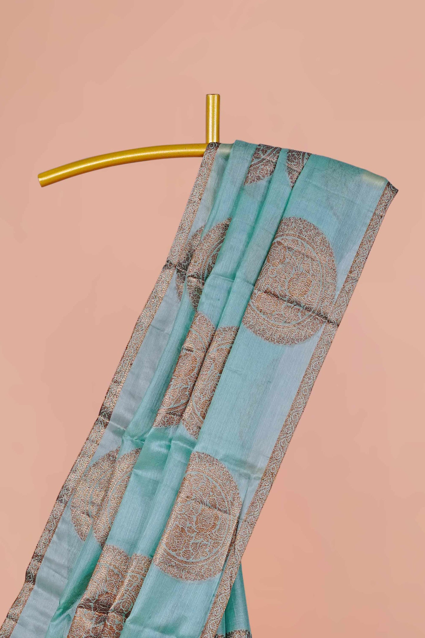 Majestic Pure Tussar Silk Saree in Aqua Blue with Oversized Silver Zari Butta Motifs and Contemporary Traditional Elegance