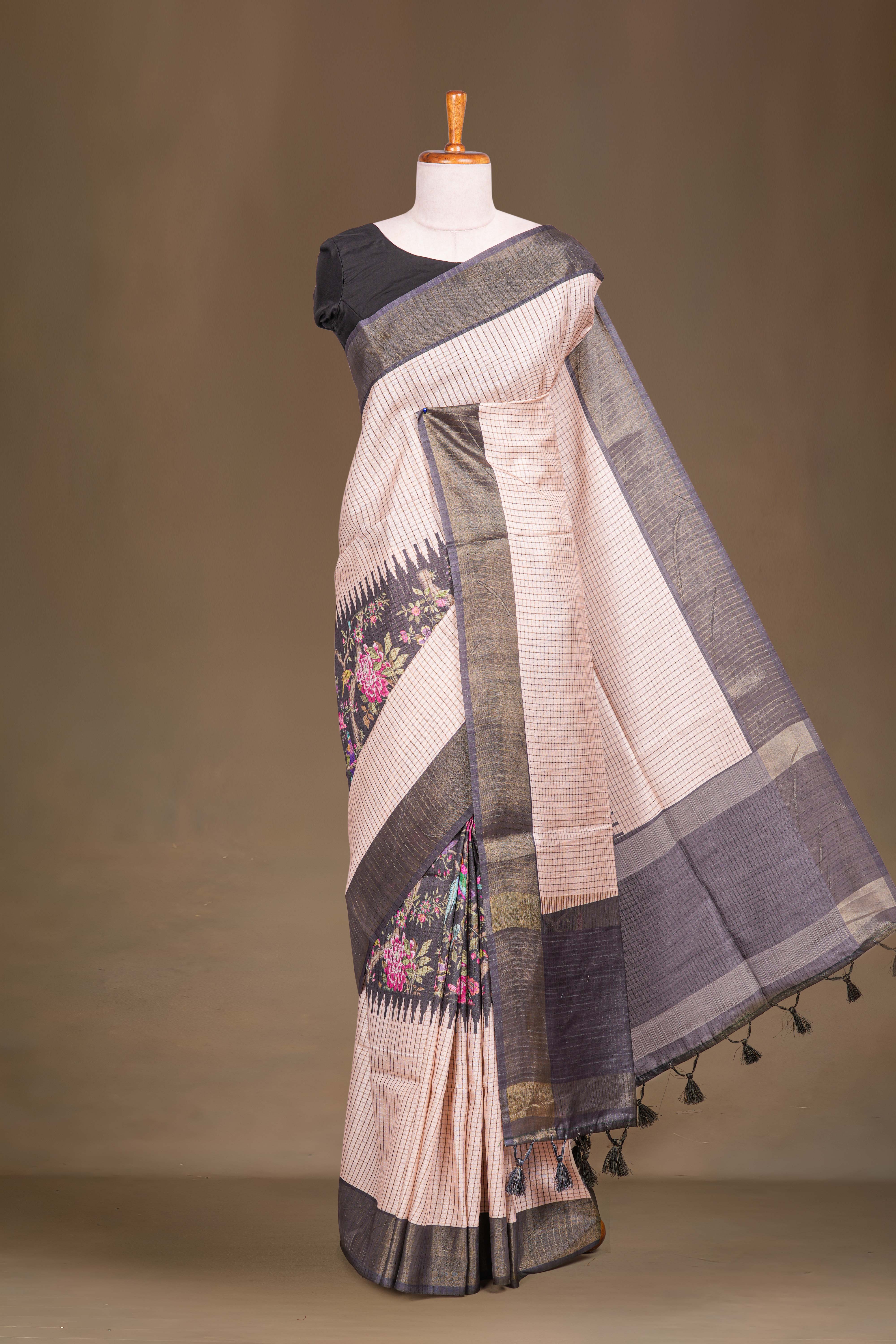 Sandal Art Tussar Saree Check s With Floral Design Across The Body Contrast Pallu With Blouse