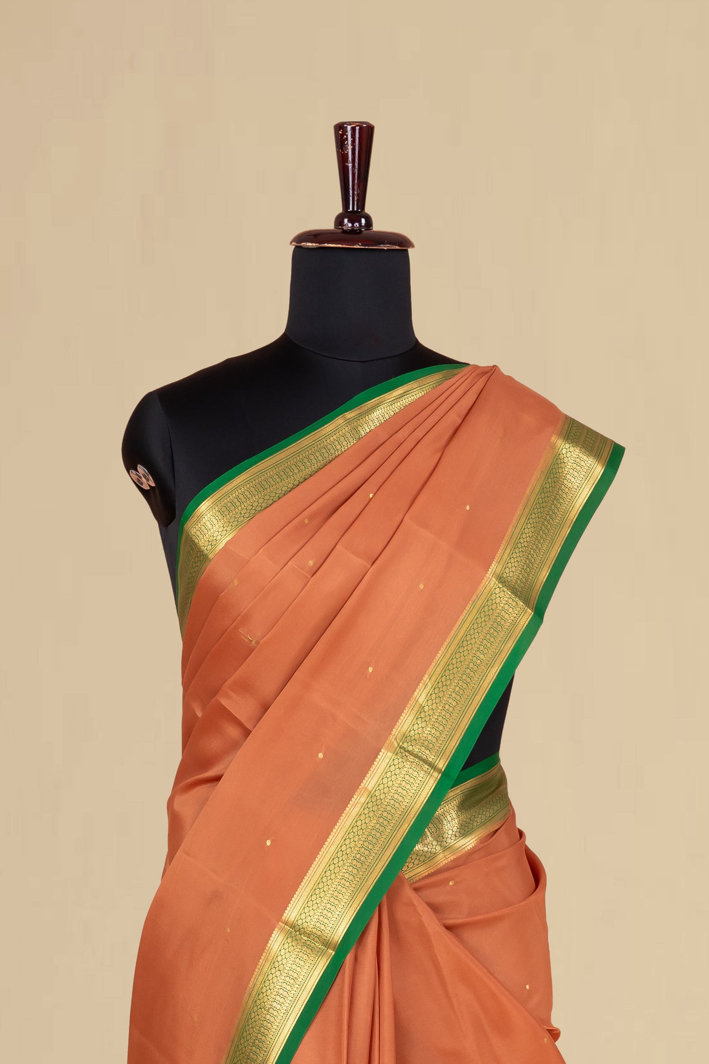 Rust Orange Mysore Pure Silk Saree with Green Zari Border and Contrast Green Pallu – Subtle Golden Buttas