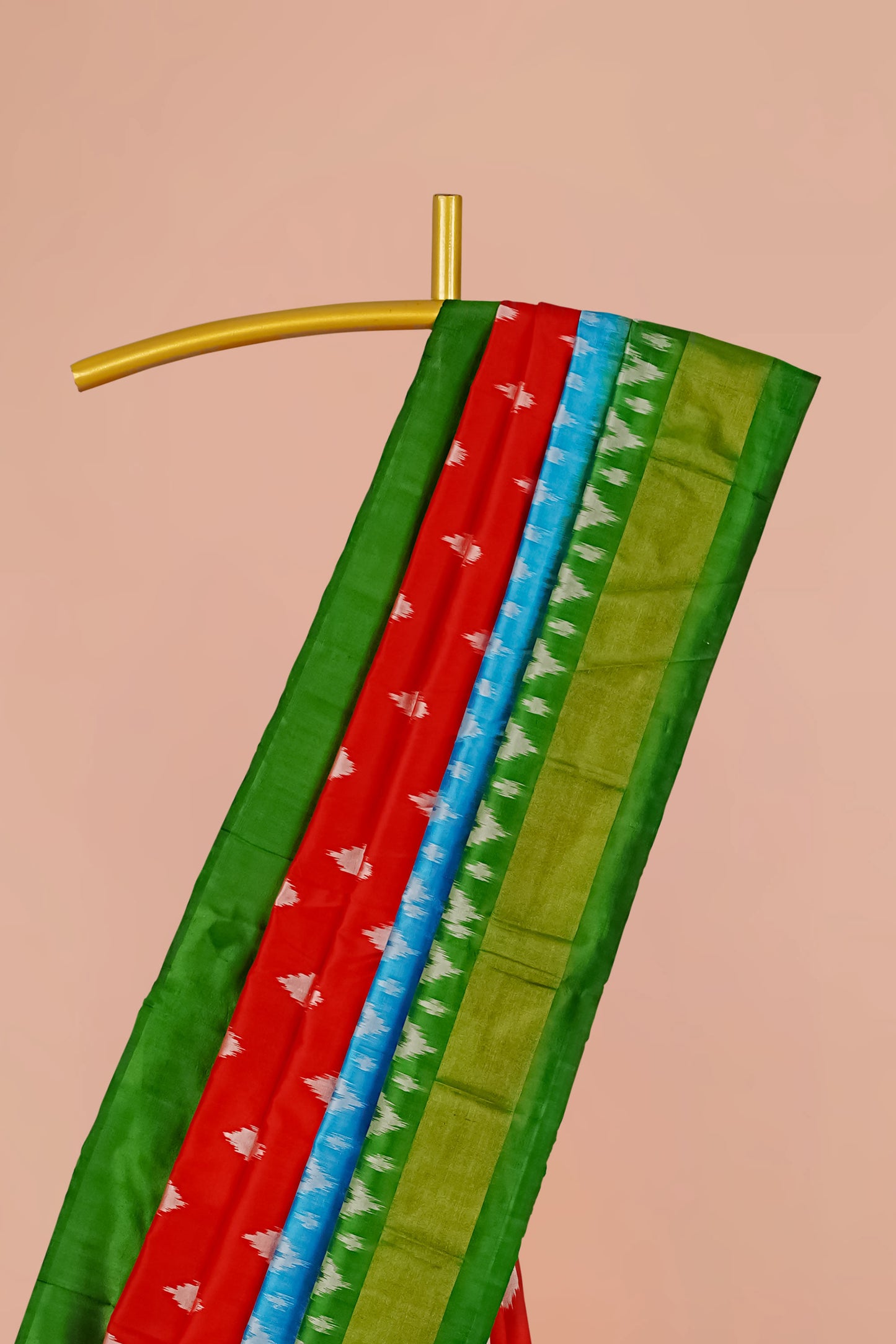 Multicolor Ikkat Pure Silk Saree with Red Body, Blue Accents and Green Contrast Border