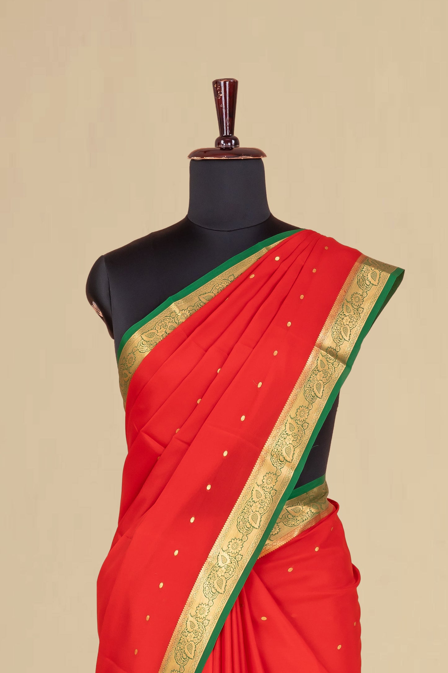 Bright Red Mysore Pure Silk Saree with Green Zari Border and Contrast Green Pallu – Elegant Golden Buttas