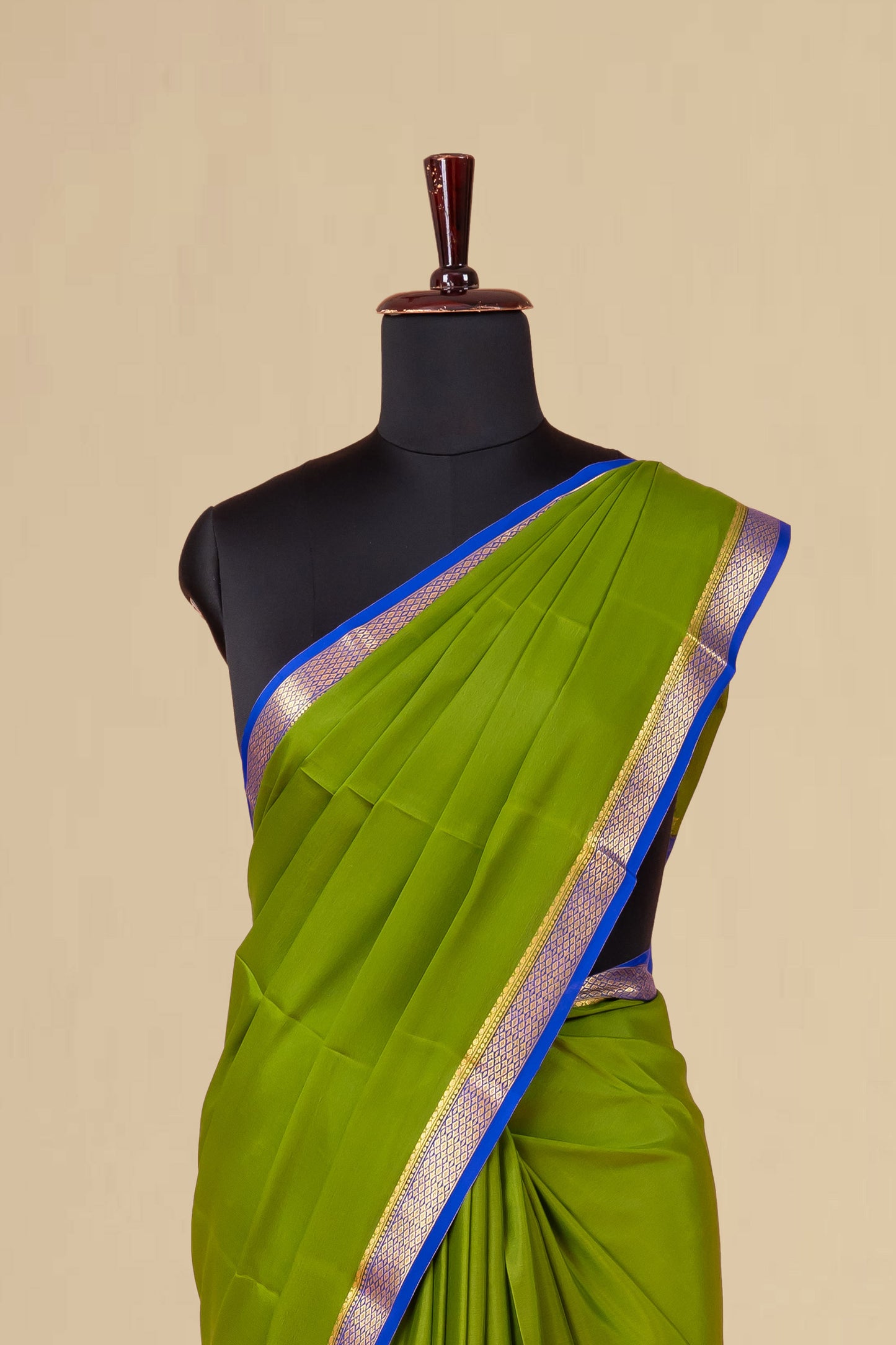 Graceful Olive Green Pure Mysore Silk Saree with Contrasting Blue-Silver Zari Border & Classic Striped Blue Pallu