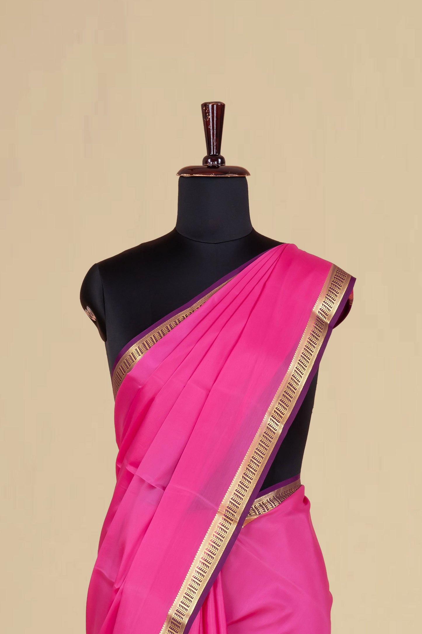 Pure Mysore Silk Saree in Rani Pink with Antique Gold Zari Border & Matching Pallu