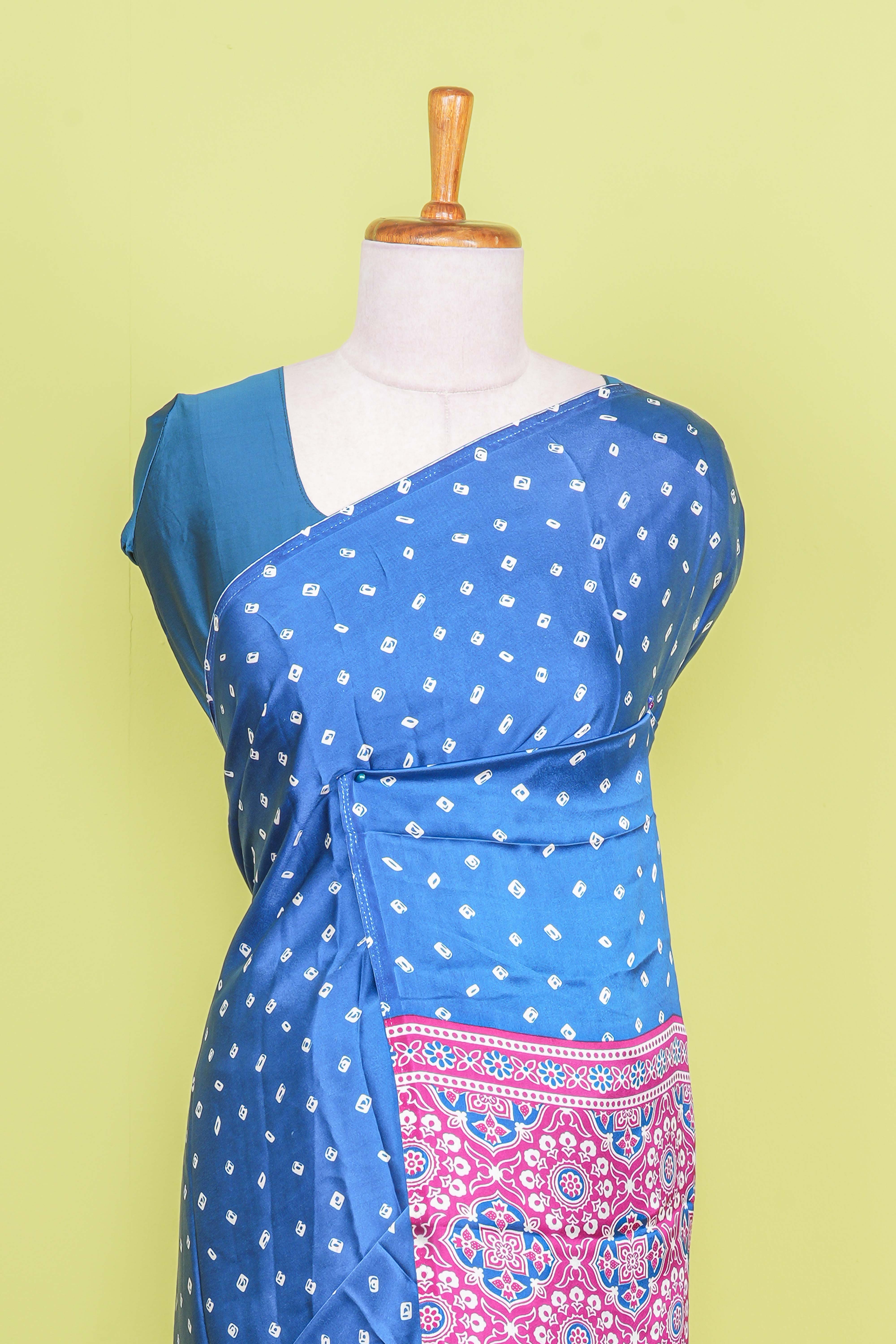 Blue Modal Silk Saree Bandhani Print Across The Body With Ajrakh Design Pallu Along With Contrast Blouse