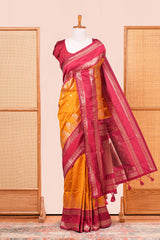 Mustard Yellow Semi Art Silk Saree Golden Zari Motifs Along With Thalampoo Zari Woven Across The Body And Rich Golden Zari Pallu