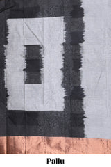 Grey striped bengal cotton saree with copper zari border and pallu