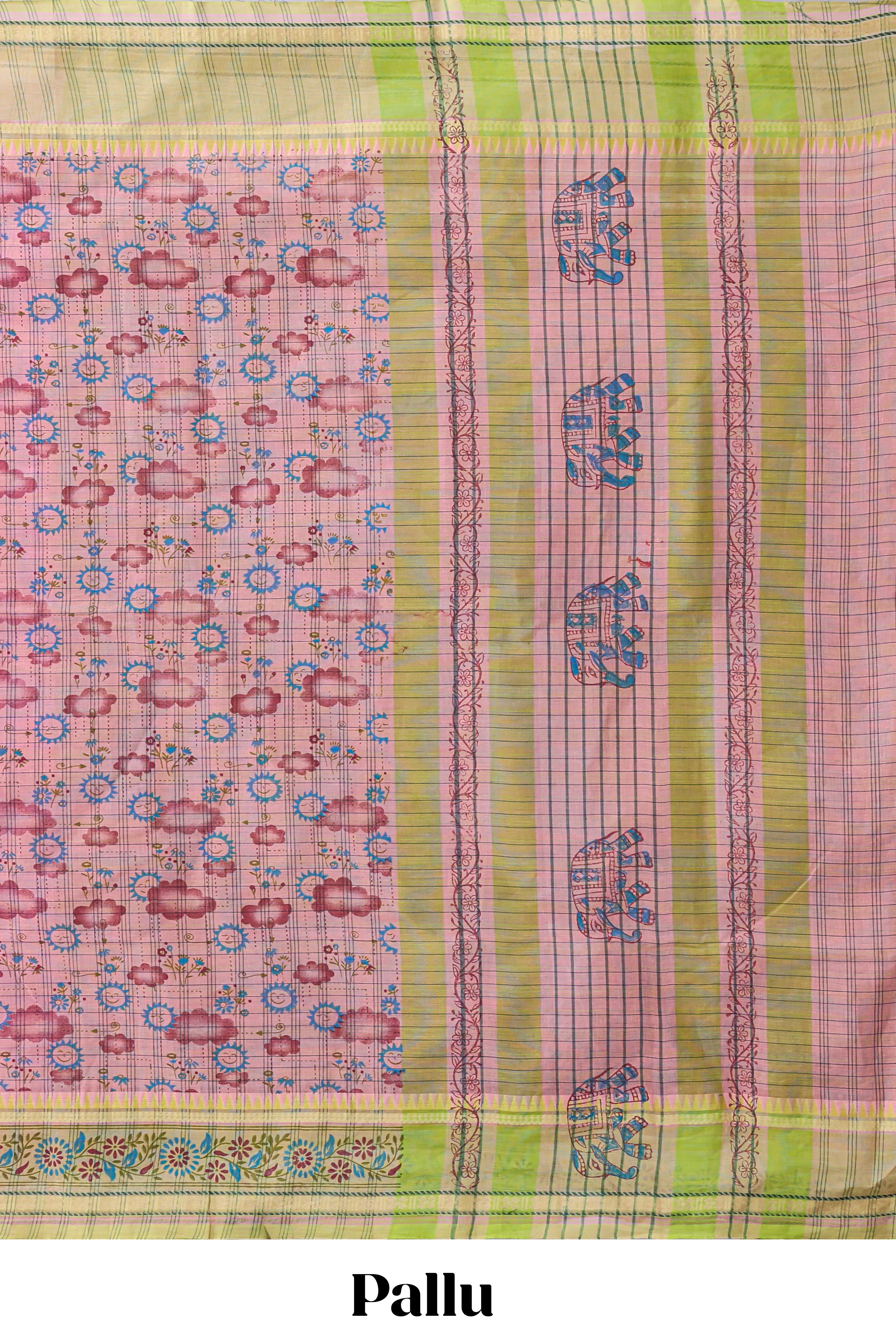 Pink checked motifs design chirala cotton saree with contrast border and striped blouse