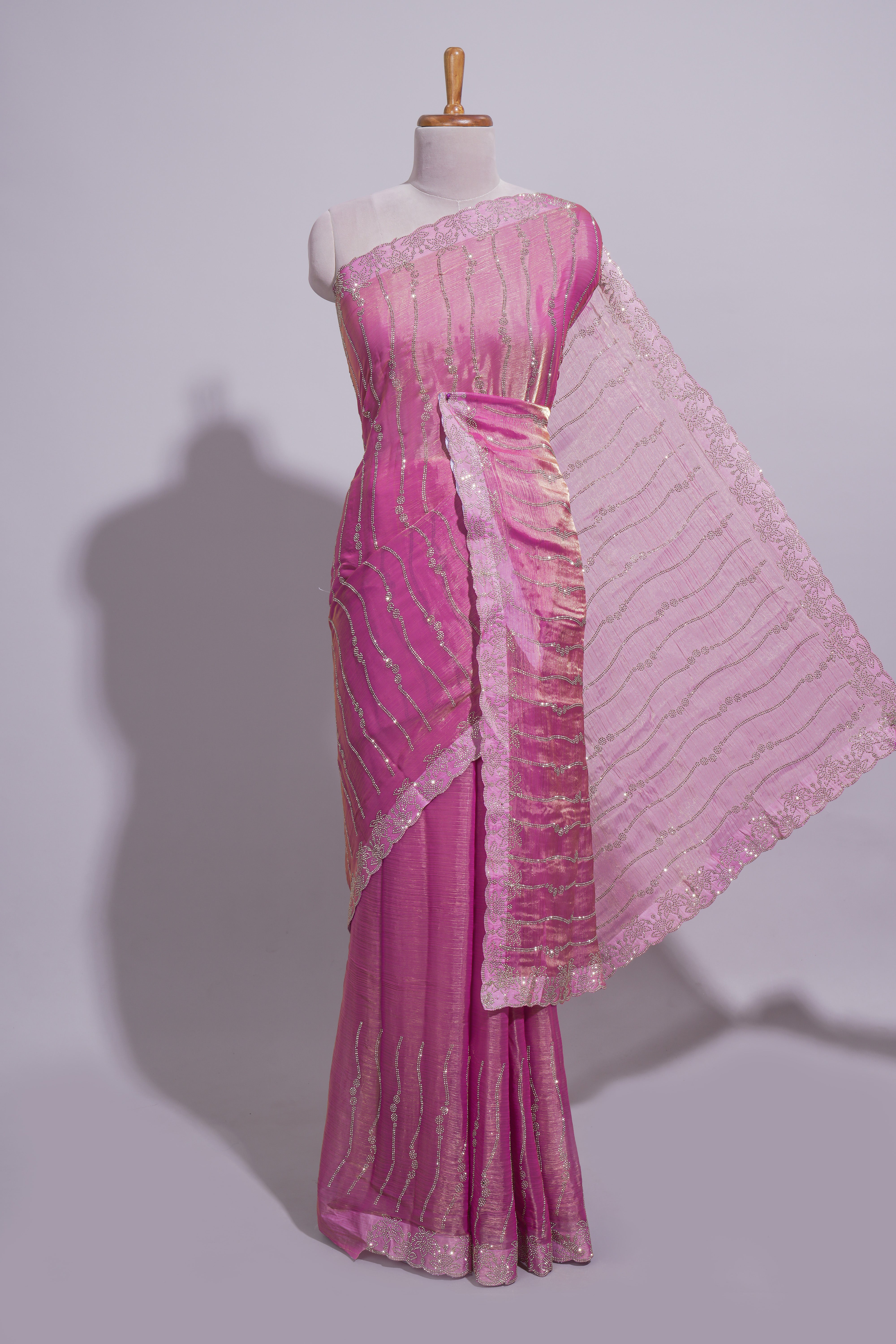 Pink wave embroidery work designer saree with self border and matching blouse