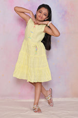 Lemon Yellow Sleeveless Cotton Frock for Girls with Schiffli Embroidery