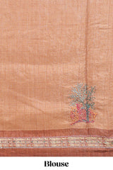 Tussar saree in beige tone delicate floral embroidery featuring rust-brown borders and woven pallu along with contrast blouse