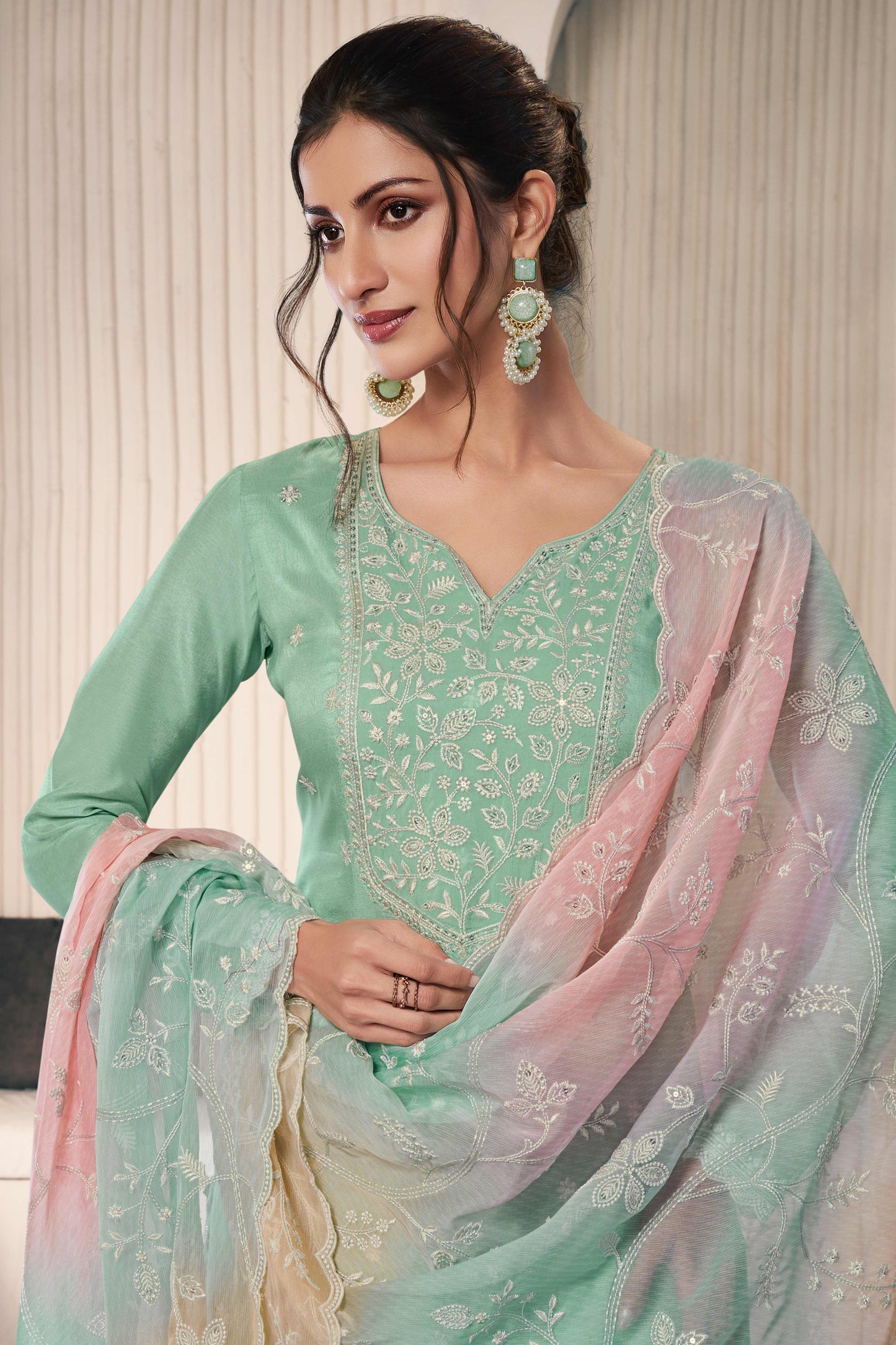 Green thread embroidered munga silk chudidhar material with printed chiffon dupatta