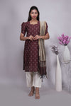 Chocolate Brown Butta Straight cut salwar suit with Off-White Pants & Woven Tassel Dupatta Set