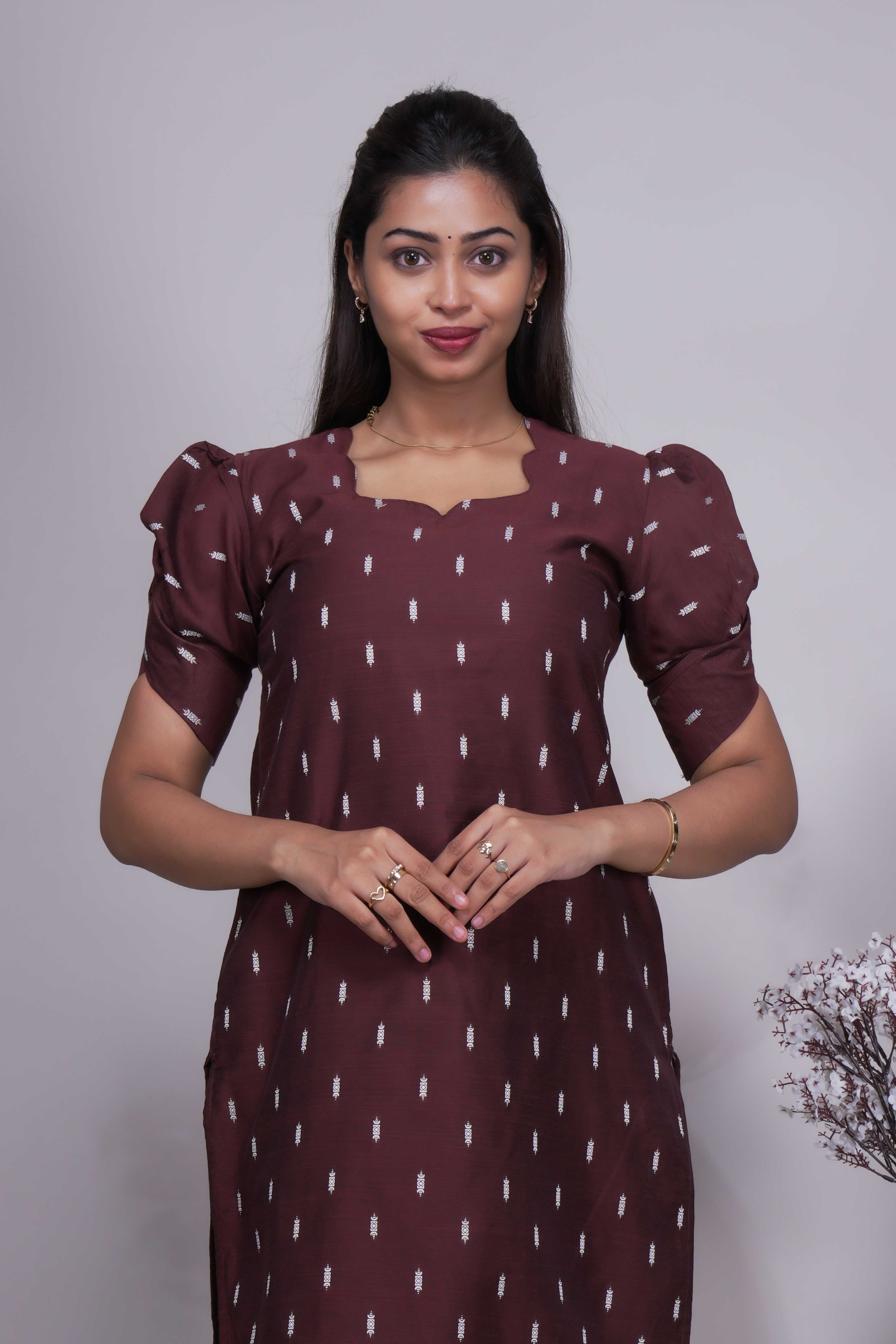 Chocolate Brown Butta Straight cut salwar suit with Off-White Pants & Woven Tassel Dupatta Set