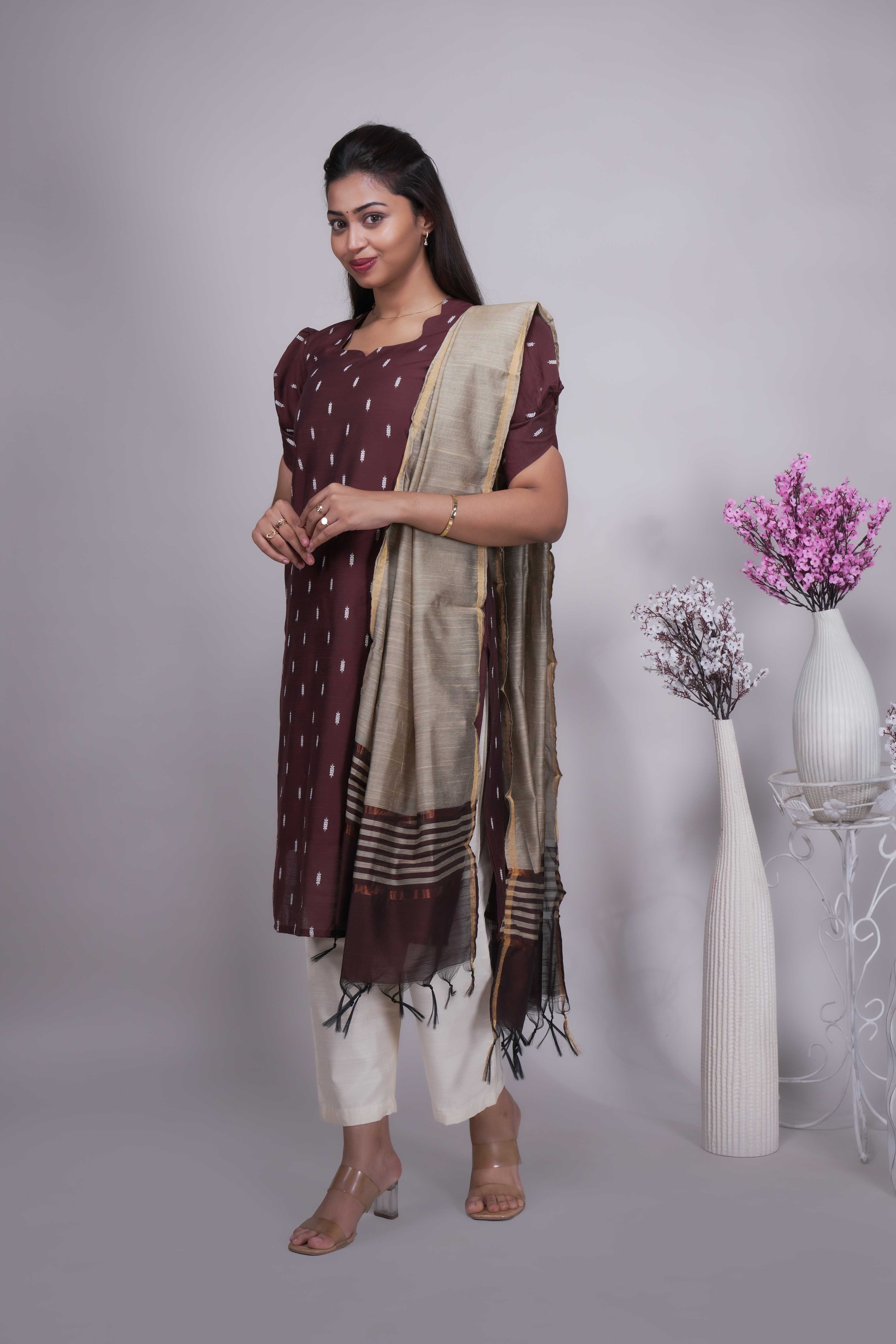 Chocolate Brown Butta Straight cut salwar suit with Off-White Pants & Woven Tassel Dupatta Set
