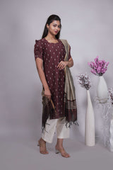 Chocolate Brown Butta Straight cut salwar suit with Off-White Pants & Woven Tassel Dupatta Set