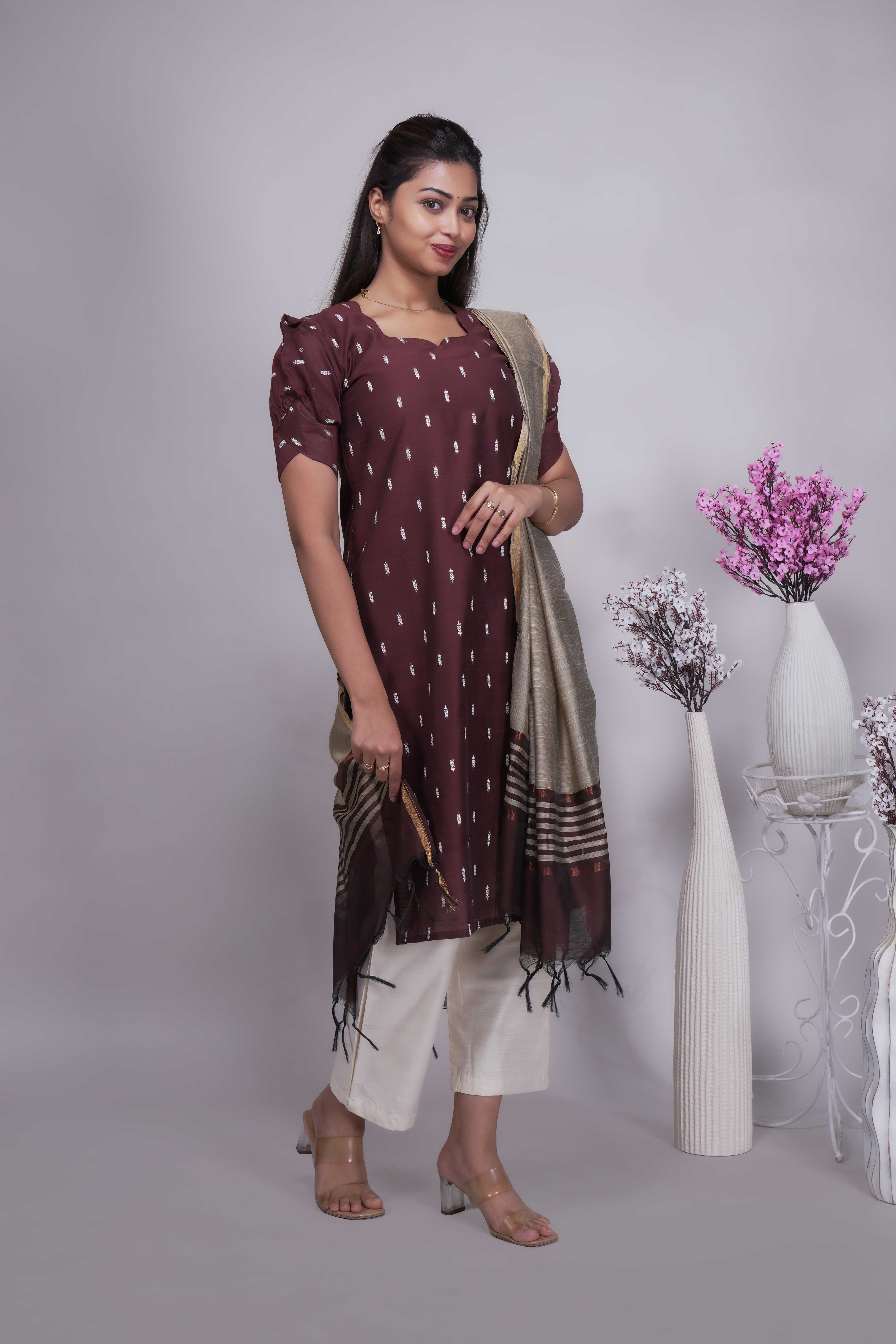 Chocolate Brown Butta Straight cut salwar suit with Off-White Pants & Woven Tassel Dupatta Set