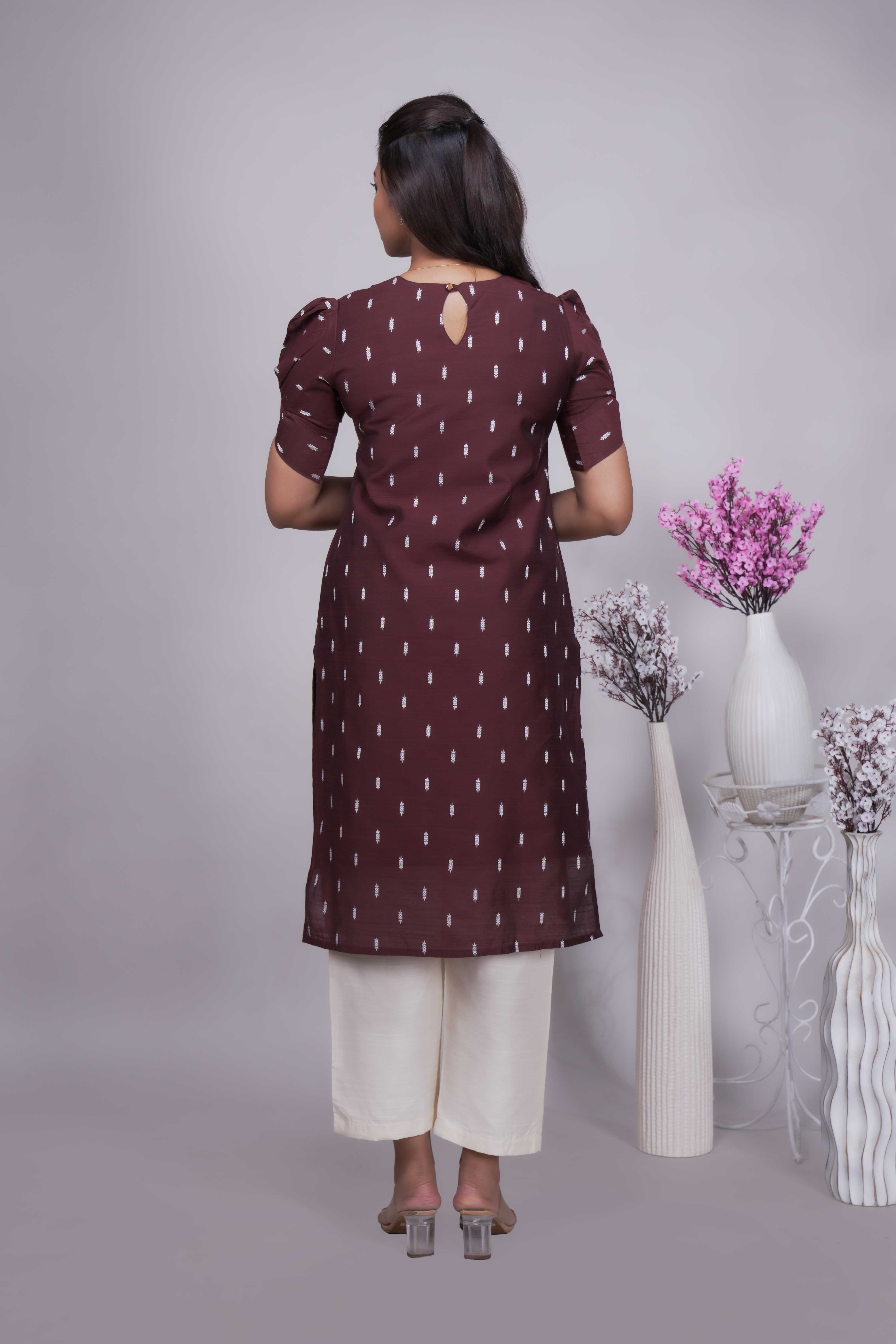 Chocolate Brown Butta Straight cut salwar suit with Off-White Pants & Woven Tassel Dupatta Set