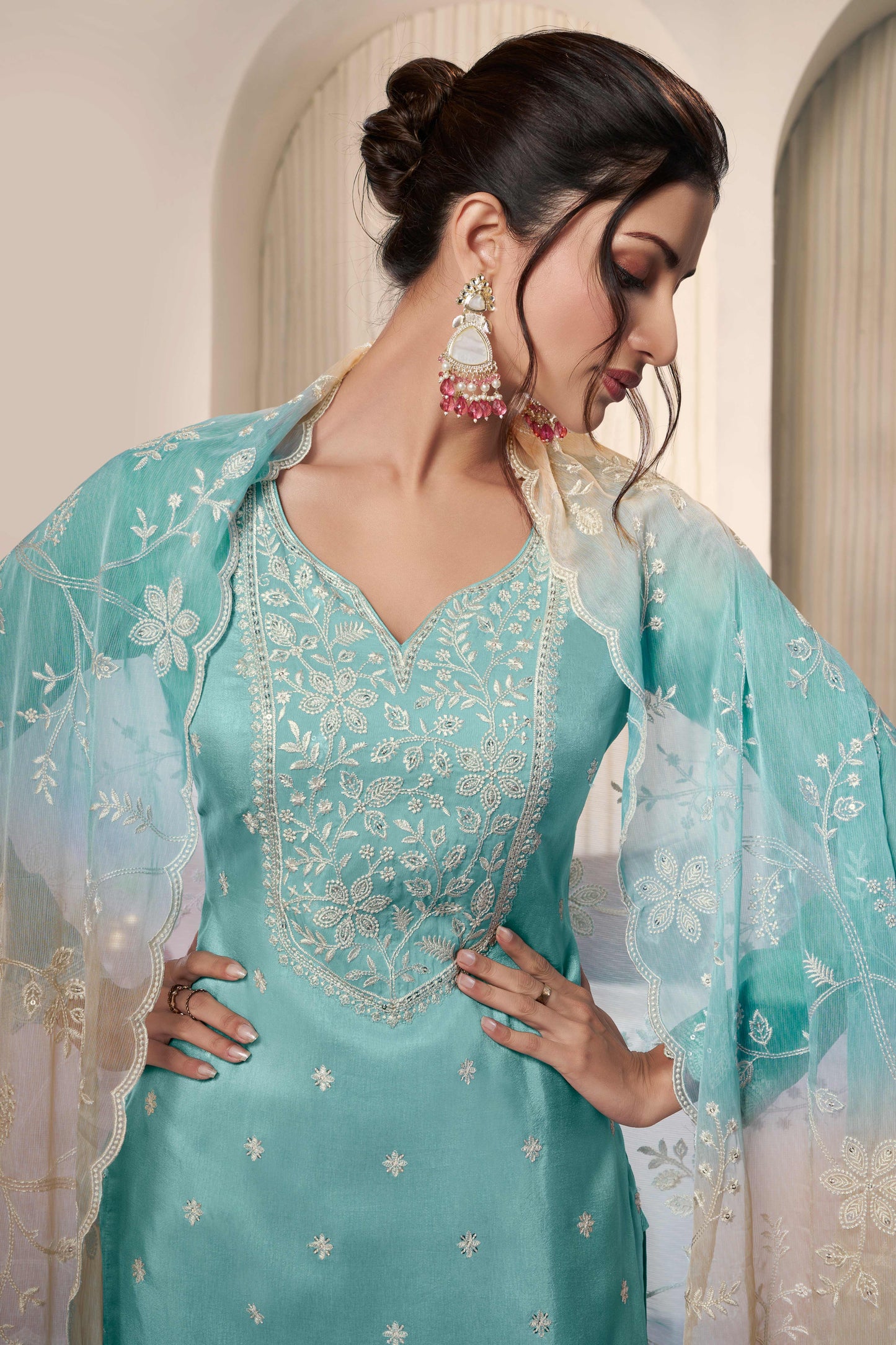 Blue thread embroidered munga silk chudidhar material with printed chiffon dupatta