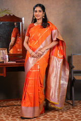 Orange colour Semi soft Silk Saree Gold Zari Lines and vaira oosi design with Contrast Zari Border and Contrast Blouse