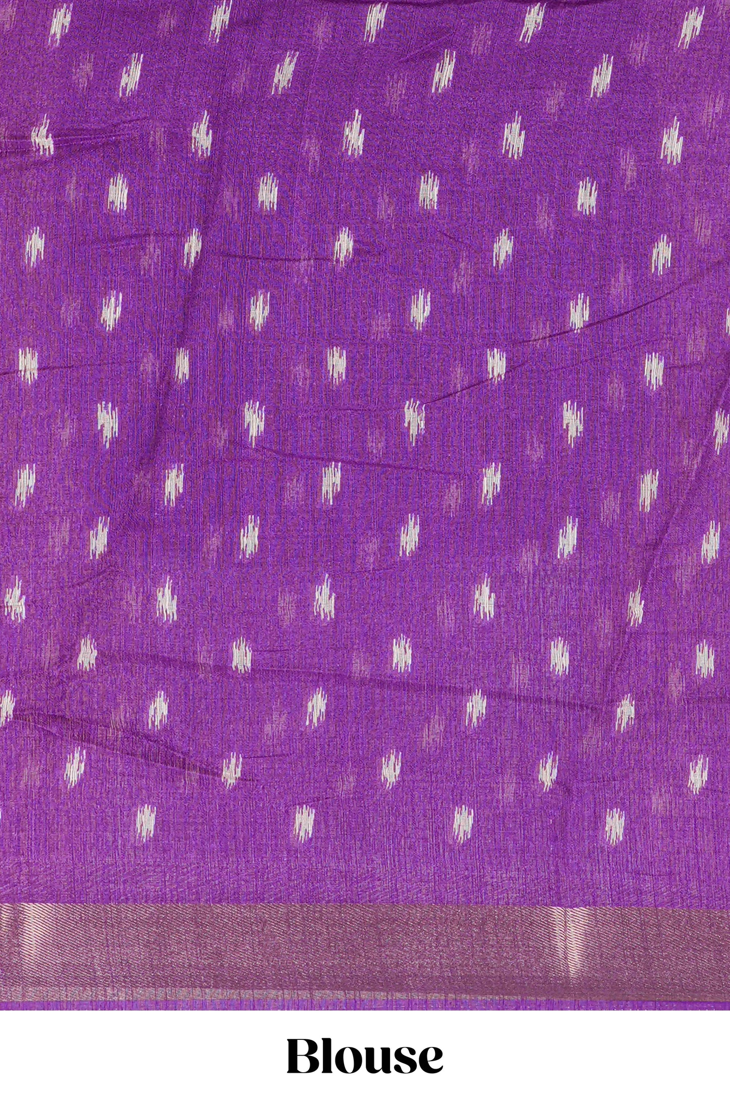 White geomentric ikkat style linen cotton saree with contrast purple border and pallu