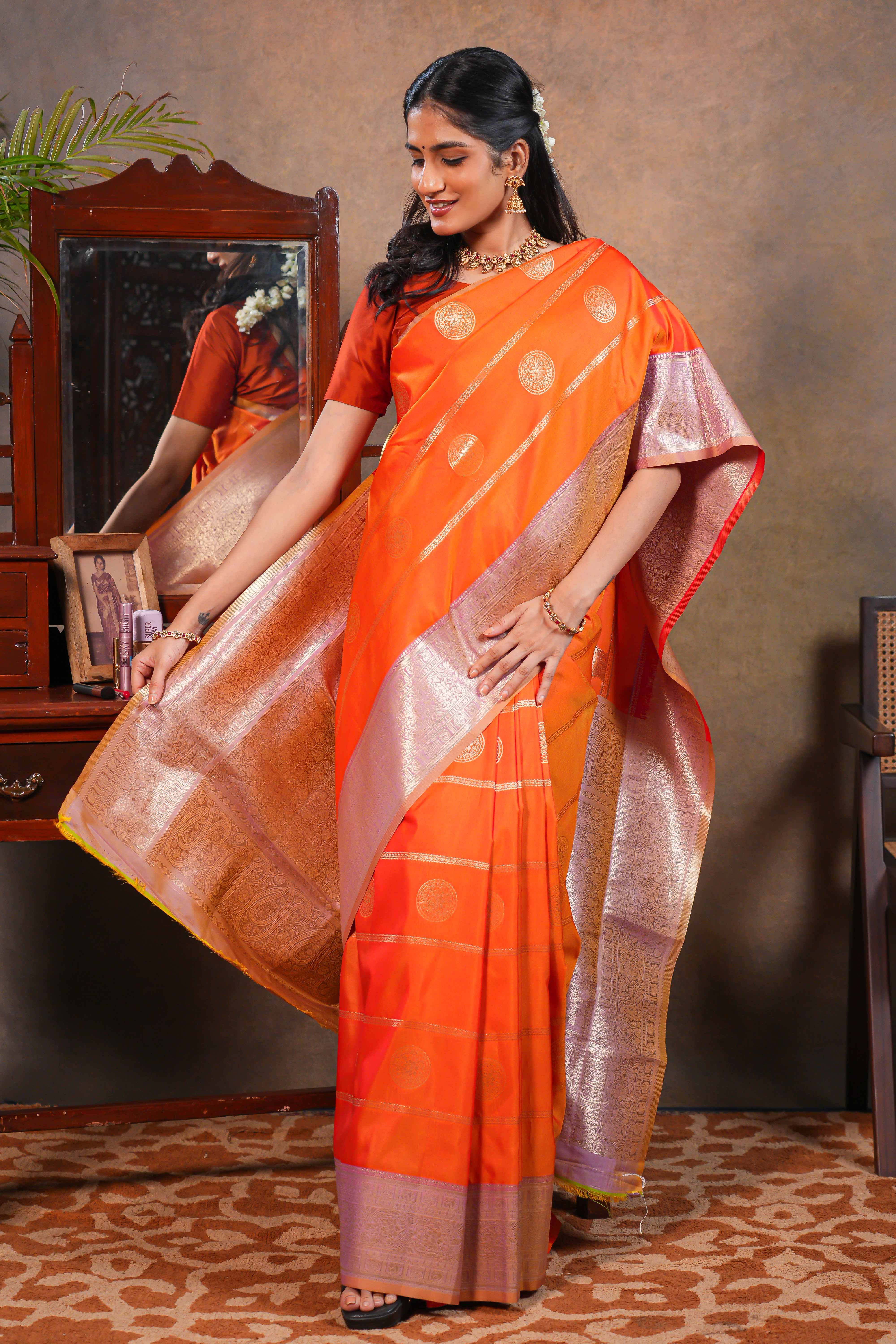 Orange colour Semi soft Silk Saree Gold Zari Lines and vaira oosi design with Contrast Zari Border and Contrast Blouse