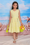 Lemon Yellow Sleeveless Cotton Frock for Girls with Schiffli Embroidery
