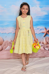 Lemon Yellow Sleeveless Cotton Frock for Girls with Schiffli Embroidery