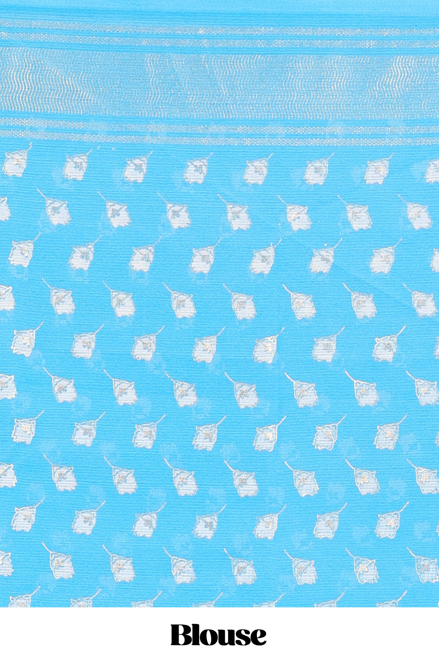 Blue moss chiffon floral print saree with gold zari border and pallu