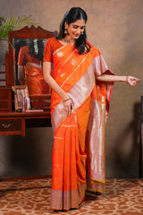 Orange colour Semi soft Silk Saree Gold Zari Lines and vaira oosi design with Contrast Zari Border and Contrast Blouse