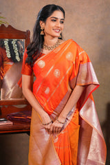 Orange colour Semi soft Silk Saree Gold Zari Lines and vaira oosi design with Contrast Zari Border and Contrast Blouse