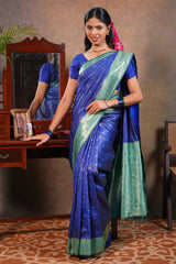 Blue colour Semi Silk Saree Gold Zari Lines and small buttas with Woven Zari Border and Contrast Blouse