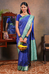 Blue colour Semi Silk Saree Gold Zari Lines and small buttas with Woven Zari Border and Contrast Blouse