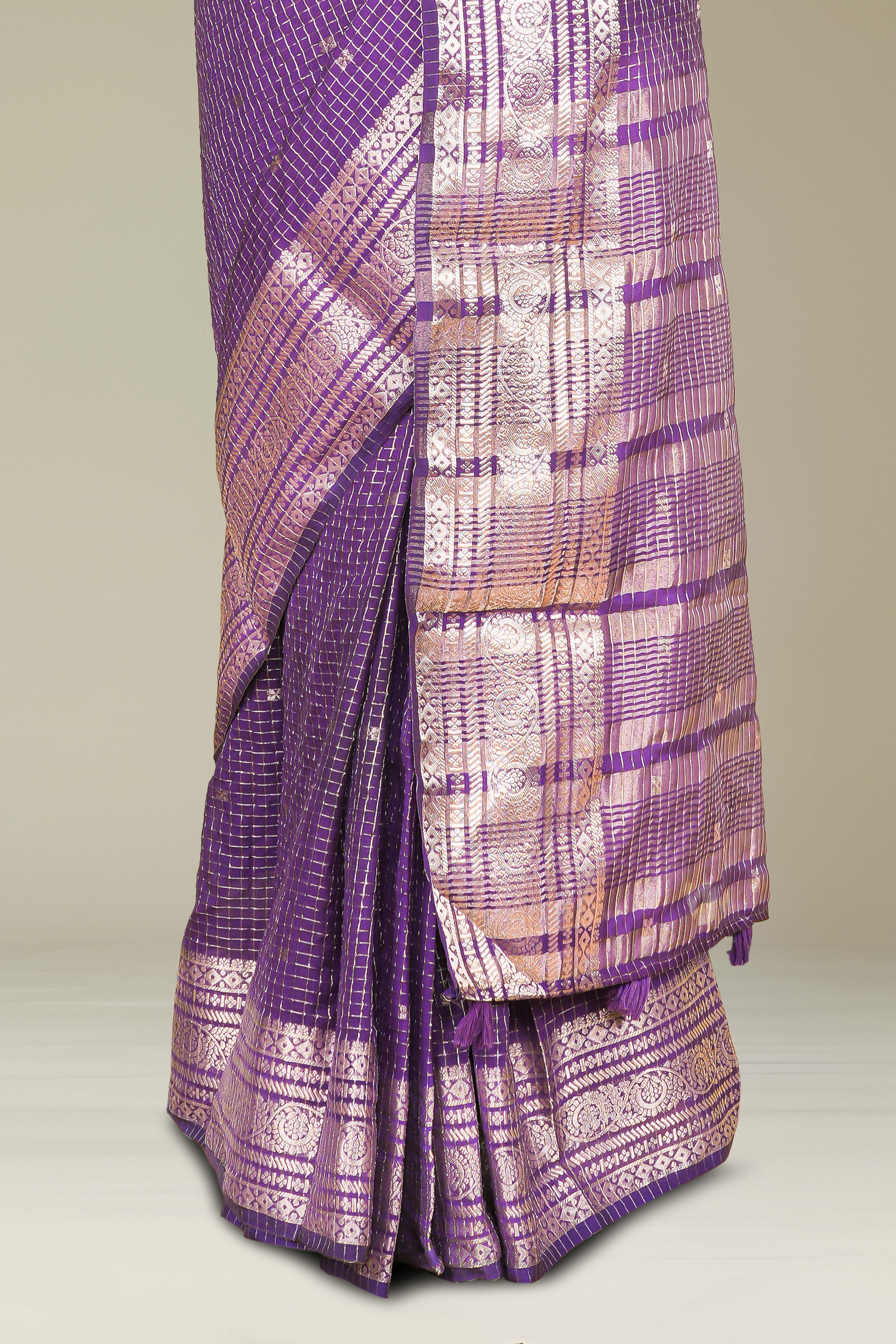 Violet Georgette Saree Golden Zari Check Pattern And Small Butta Across The Body With Zari Weaving Stripes Pallu
