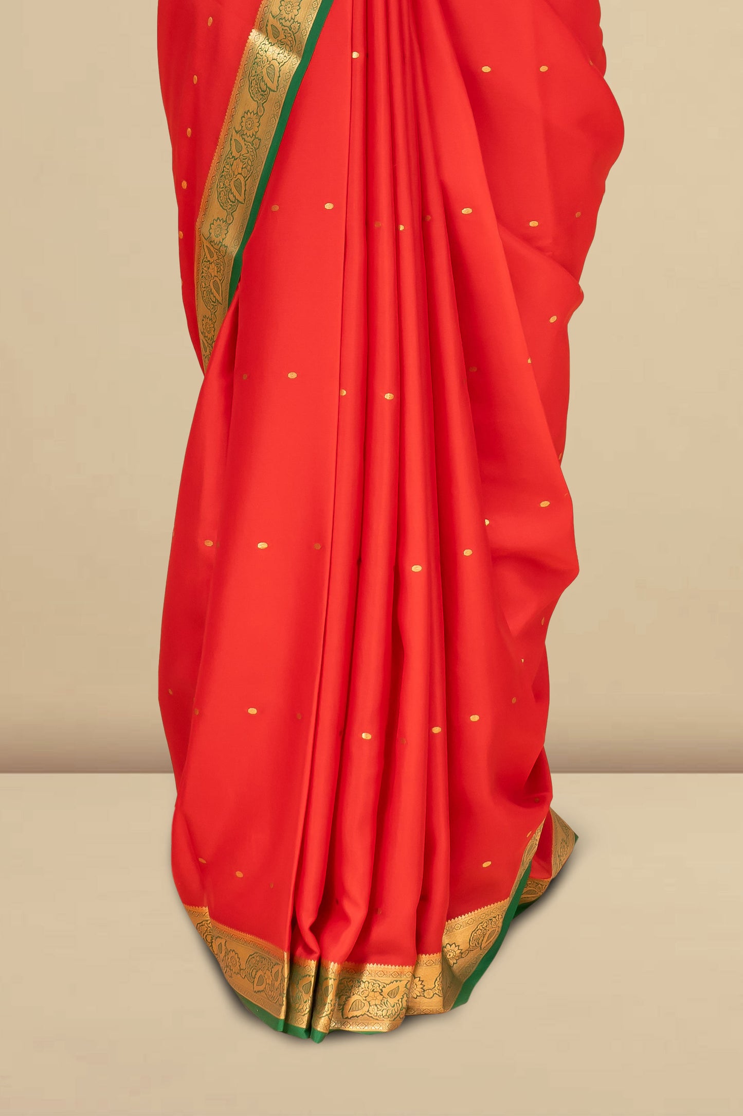 Bright Red Mysore Pure Silk Saree with Green Zari Border and Contrast Green Pallu – Elegant Golden Buttas