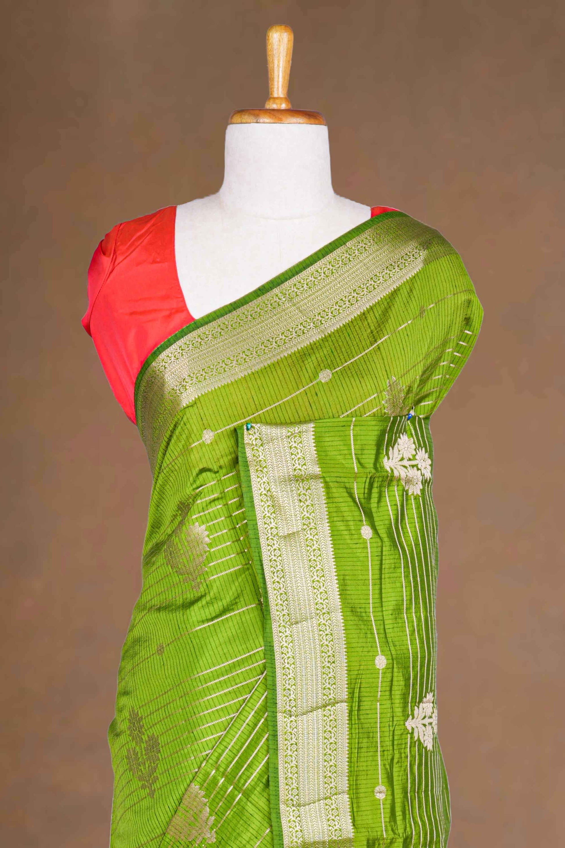 green raw silk with golden zari