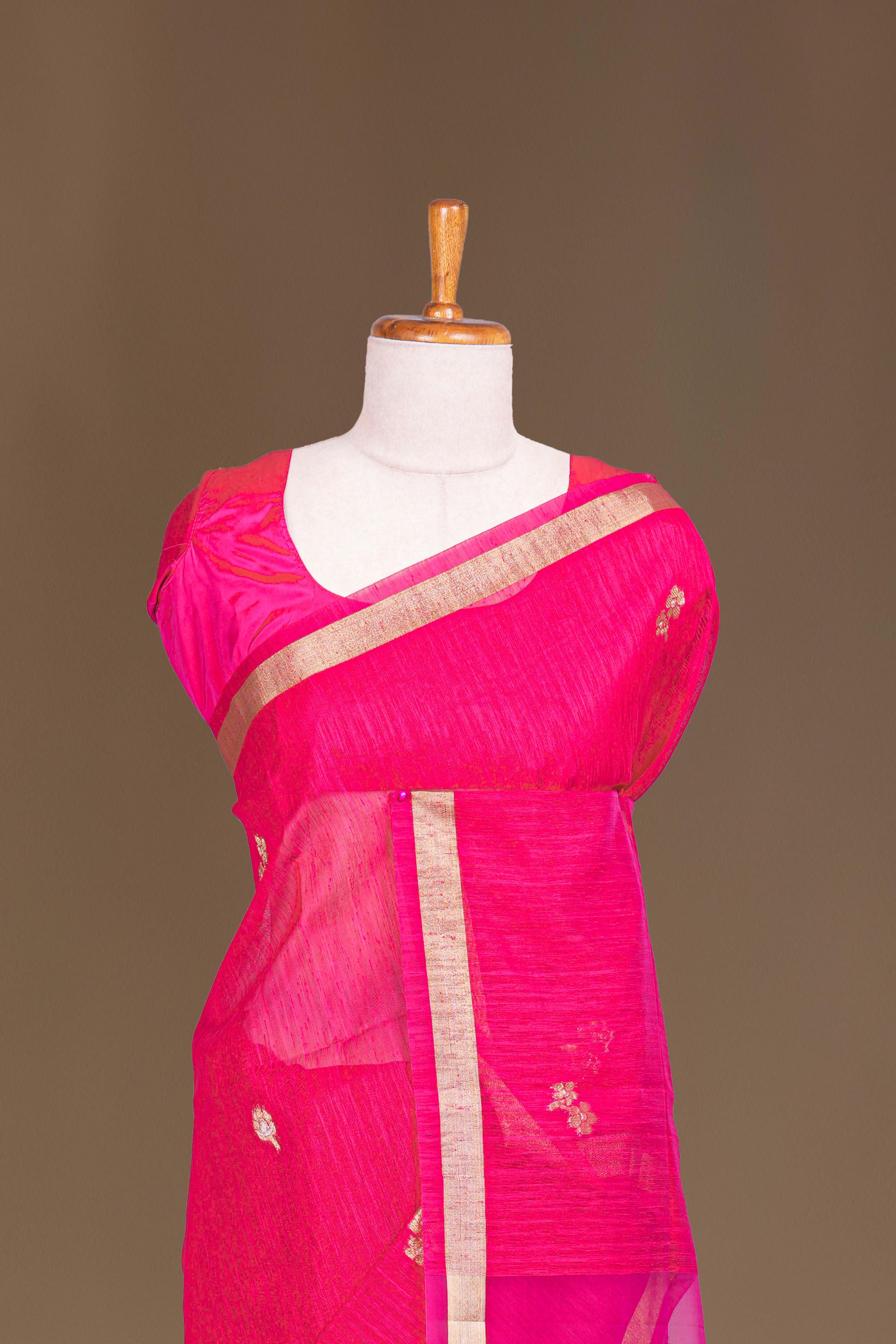 Pink Munga Cotton Zari Butta With Gold Zari Floral Design Pallu