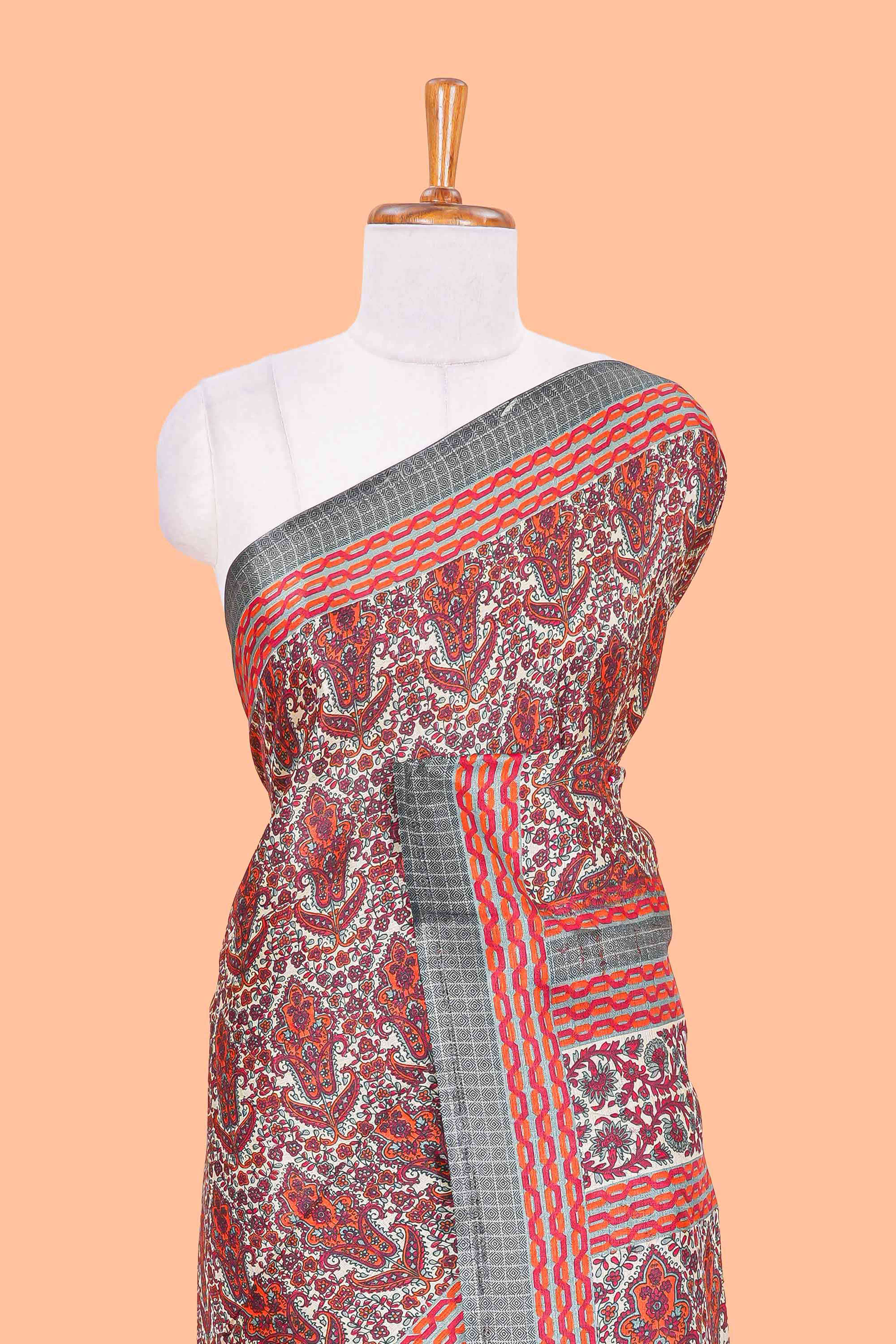 Cream pashmina print south cotton saree with contrast border and blouse