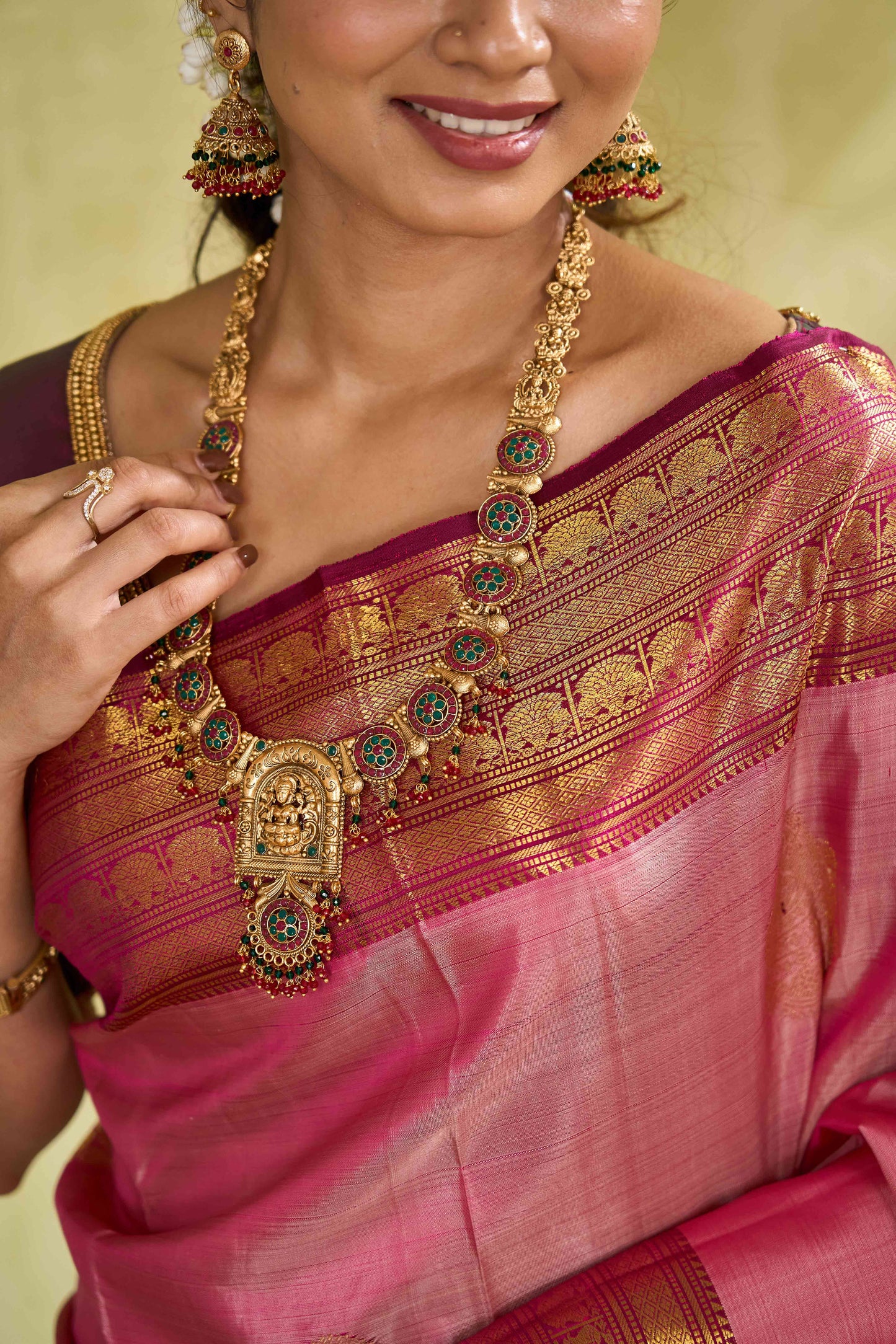 Kanchipuram Traditional Silk Saree in Baby Pink with Contrast Maroon Border