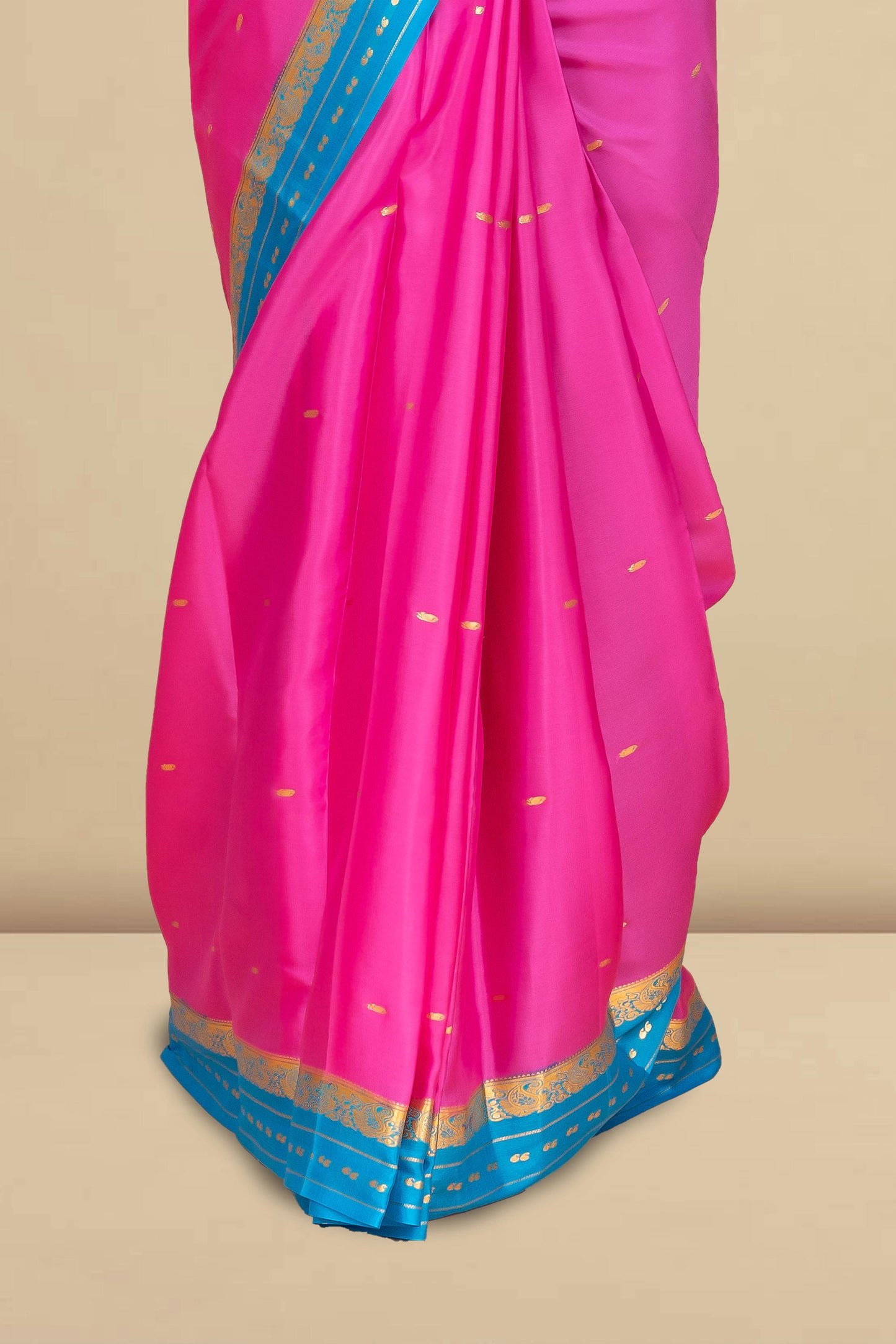 Pure Mysore Silk Saree in Rani Pink with Contrast Blue Zari Border, Body Buttas & Rich Blue Pallu
