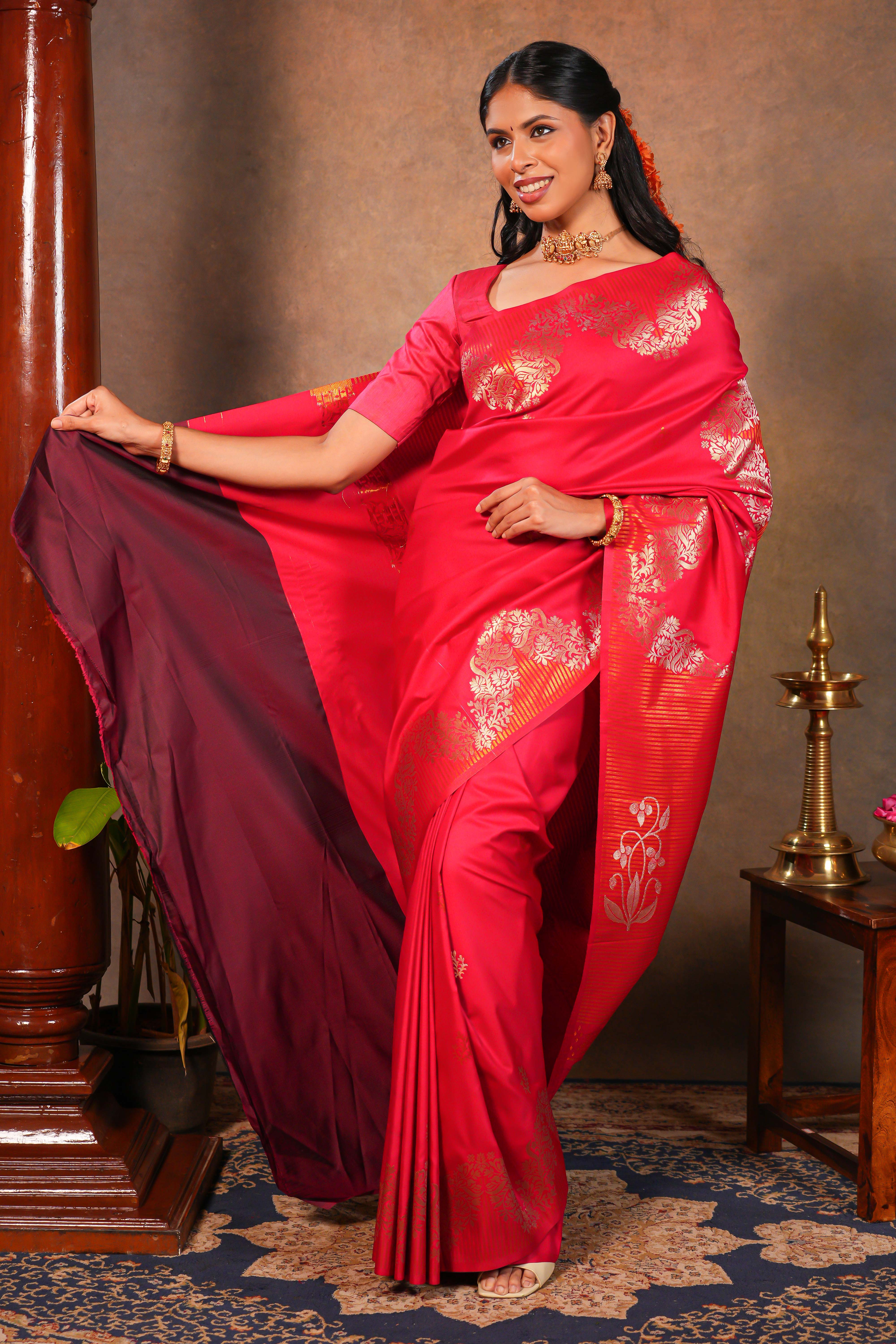 Rani pink Semi Silk Saree Gold Zari Woven Paisley Motifs with Woven Zari Border and Contrast Blouse