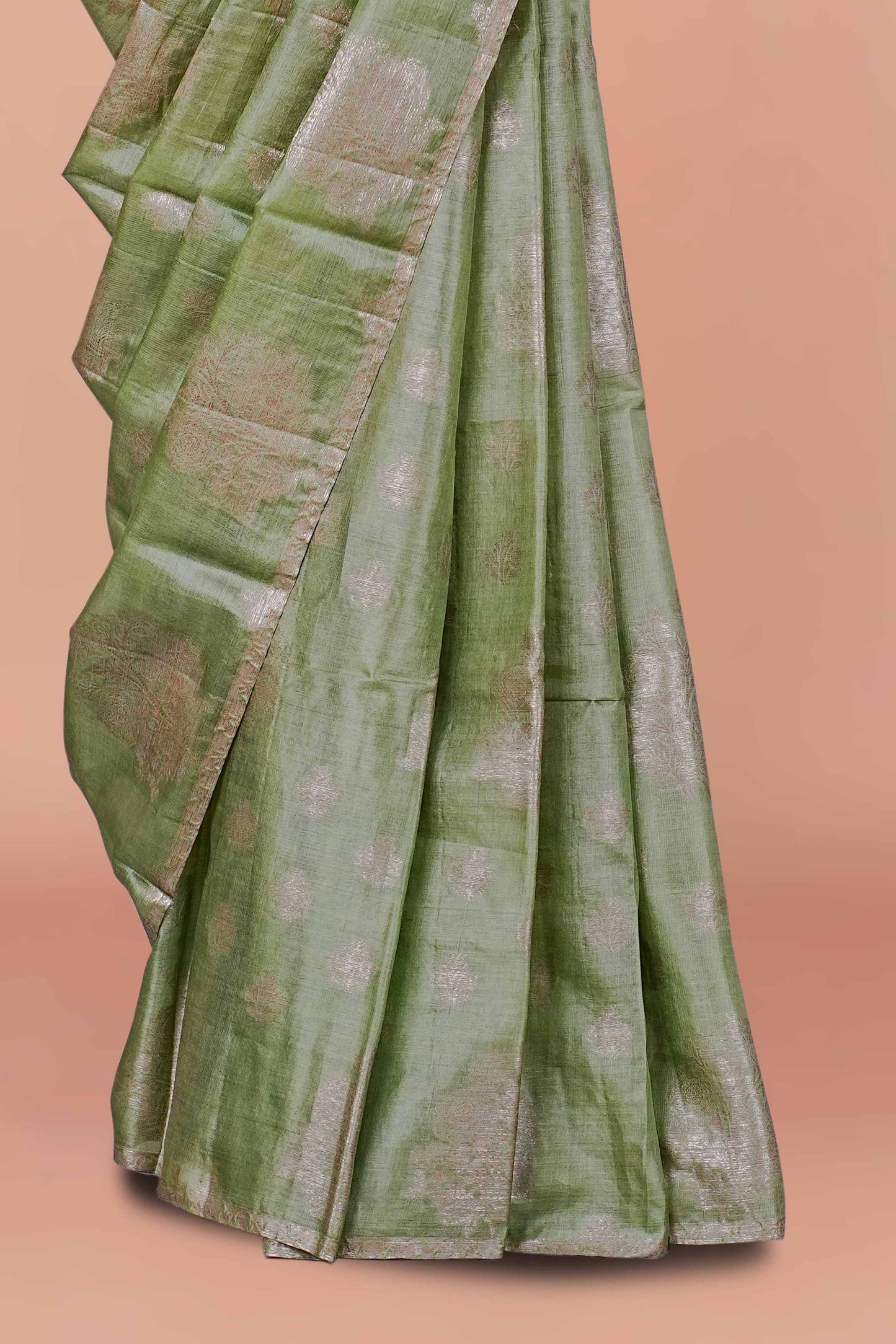 Elegant Pure Tussar Silk Saree in Pastel Olive Green with Subtle Self-Colour Butta Weave and Refined Minimalist Finish