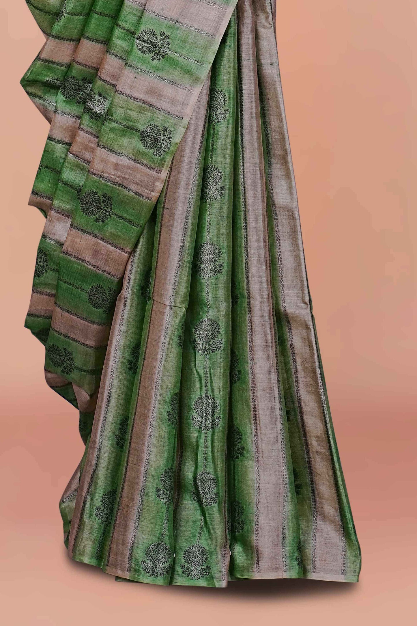 Exquisite Pure Tussar Silk Saree in Fresh Green with Silver Zari Stripes, Intricate Self-Colour Floral Butta Motifs, and Elegant Traditional Drape