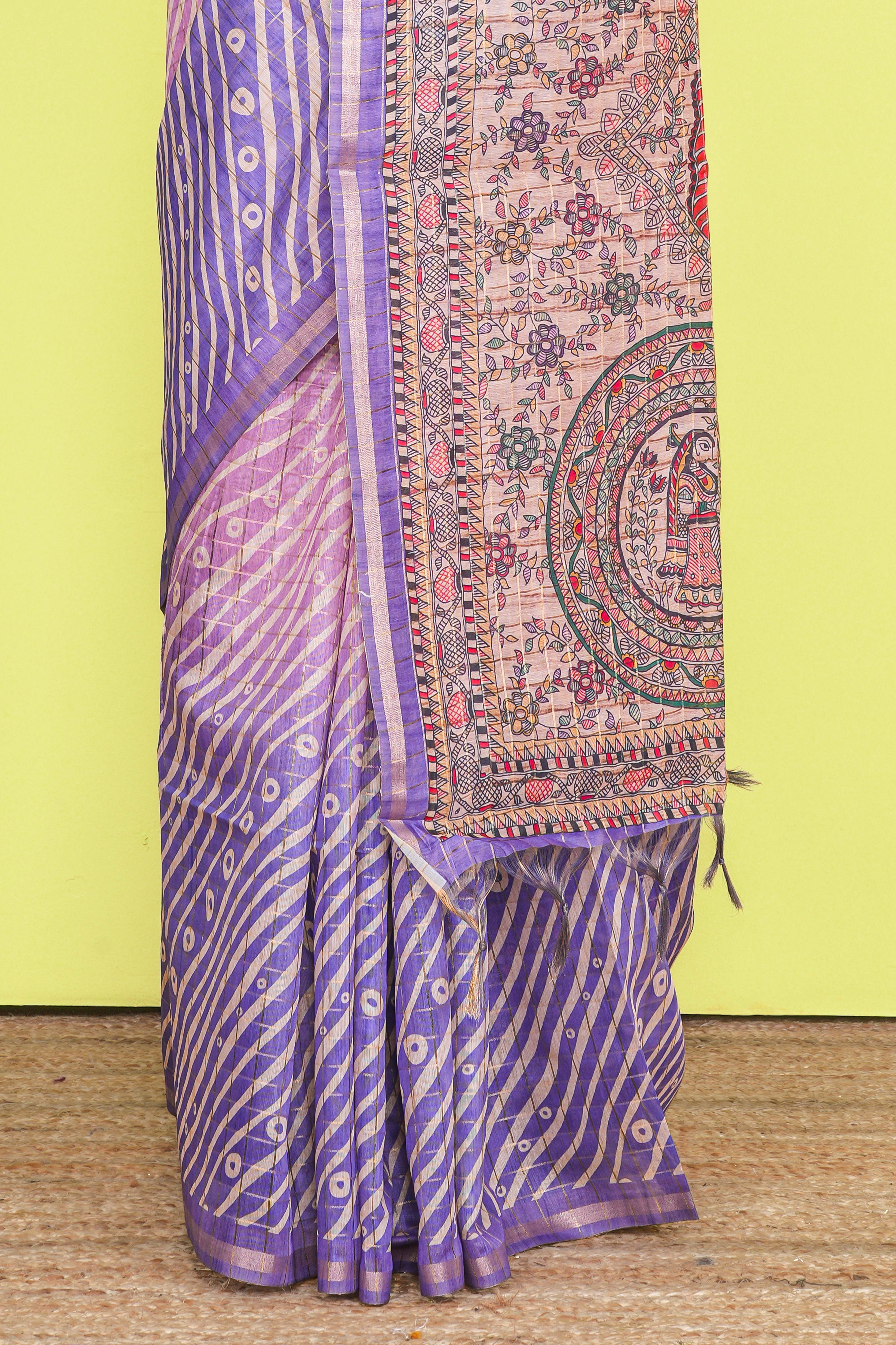 Multi Color Chanderi Cotton Saree Bandhani Design Across The Body With Madhubani Print Pallu Along With Flower Motifs Blouse