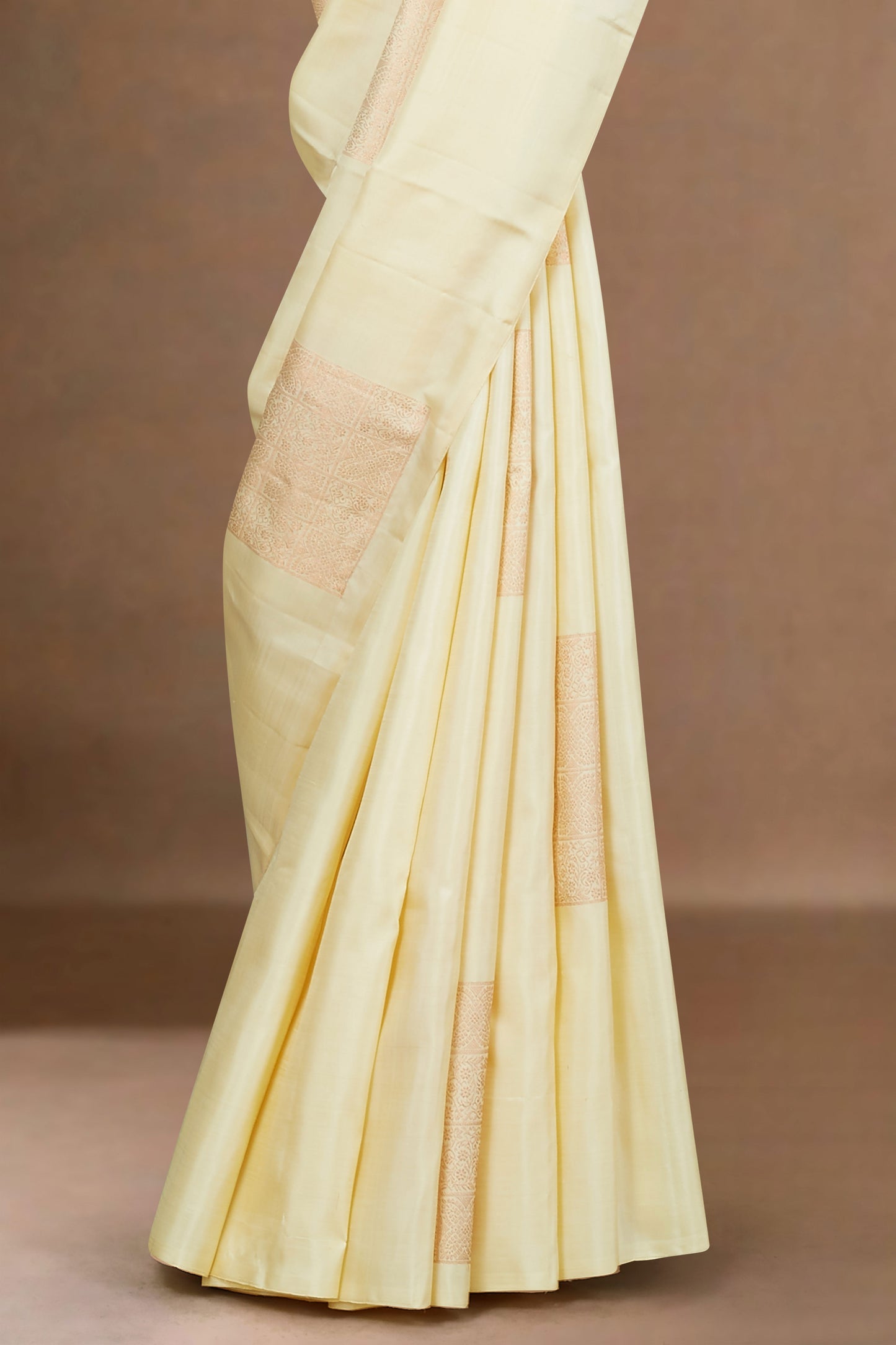 Ivory & Gold Borderless Kanchipuram Pure Silk Saree with Subtle Zari Checks
